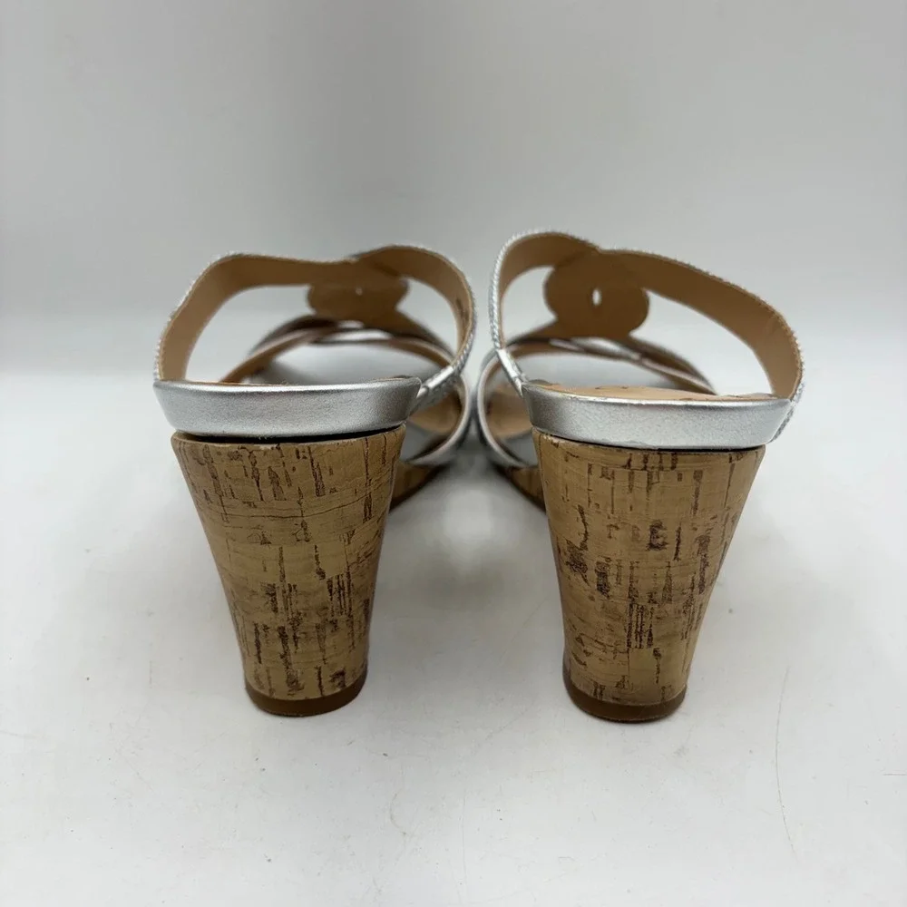 Mootsies Tootsies Silver Metallic Cork Wedge Sandals Womens 9M Strappy Slides